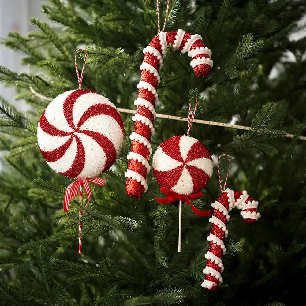Christmas Tree Ornaments Red White Walking Sticks Candies Ball