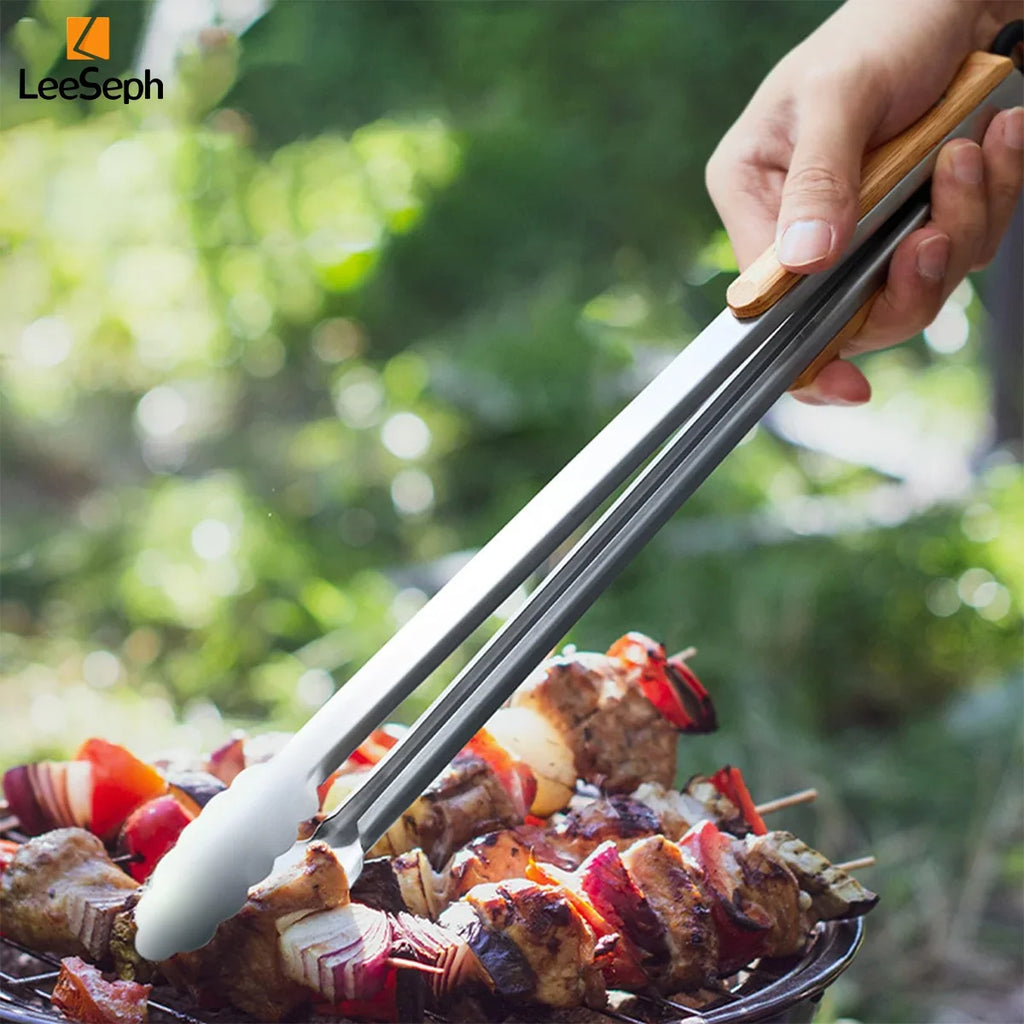Stainless Steel Cooking Tong Oak Handle Barbecue Salad Locking Ring