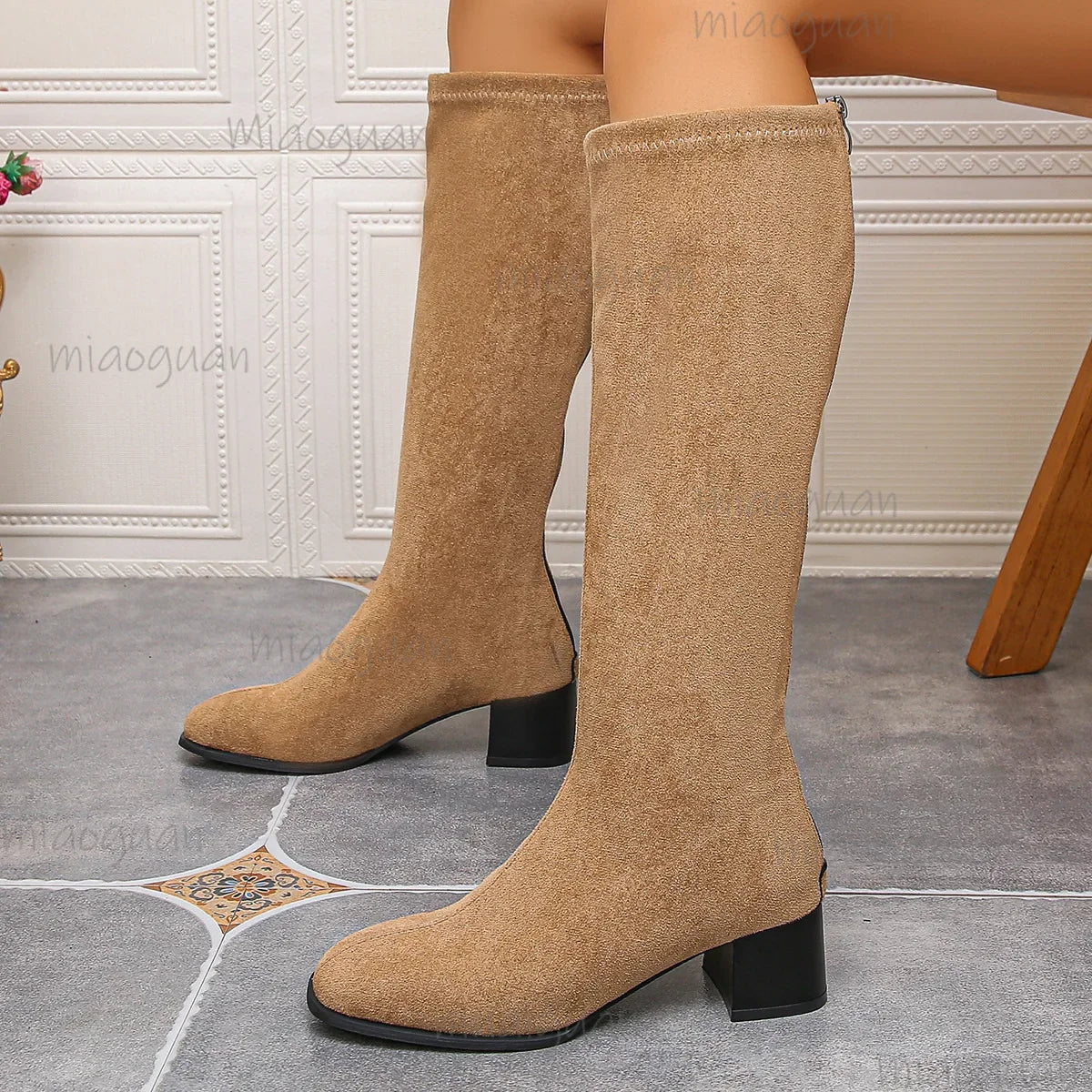 Women's Faux Suede Knee High Boots – Square Heel & Back Zip