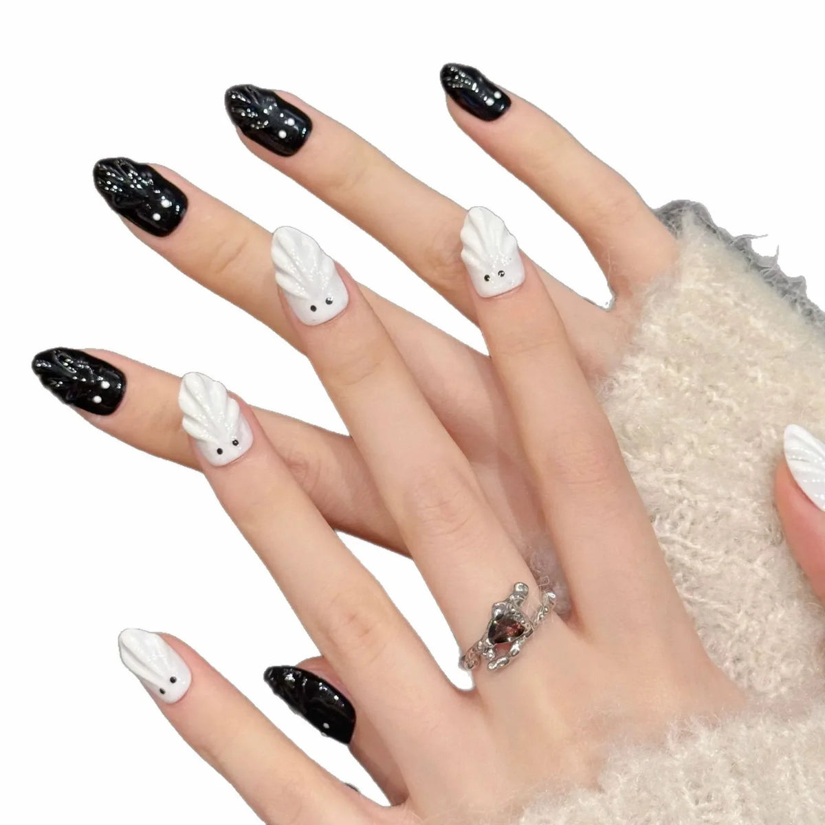 Halloween Ghost Press On Nails | 3D Almond Fake Nails Set 10pc