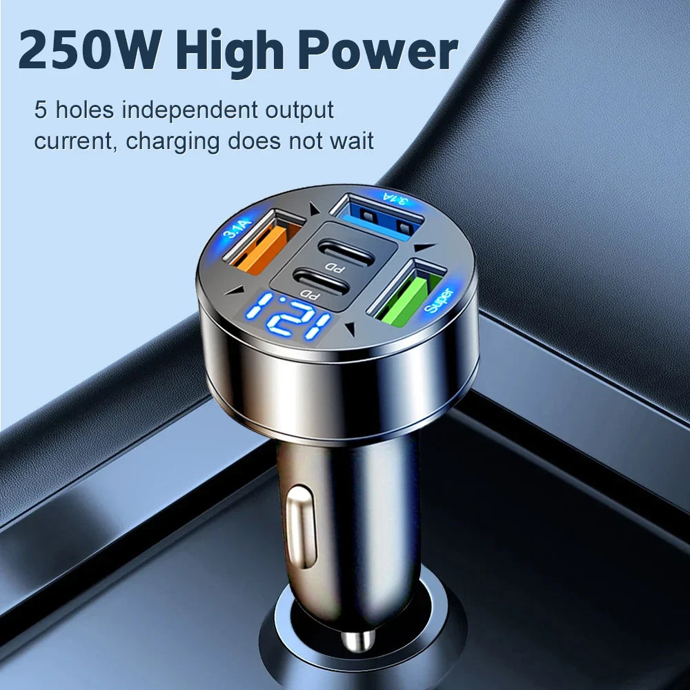 250W 5-Port USB-C Car Charger | PD QC3.0 Fast Charging