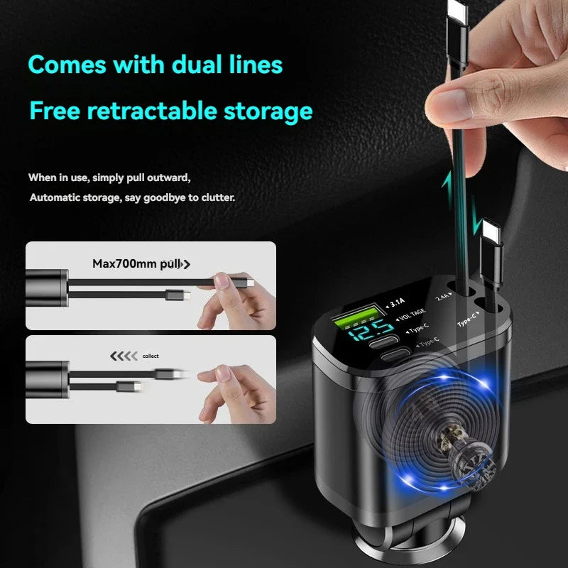 5-in-1 Car Charger Retractable Cable PD Fast Charging 3.1A