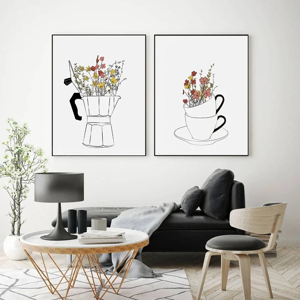 Coffee Lover Canvas Wall Art | Nordic Floral Cup Print Poster