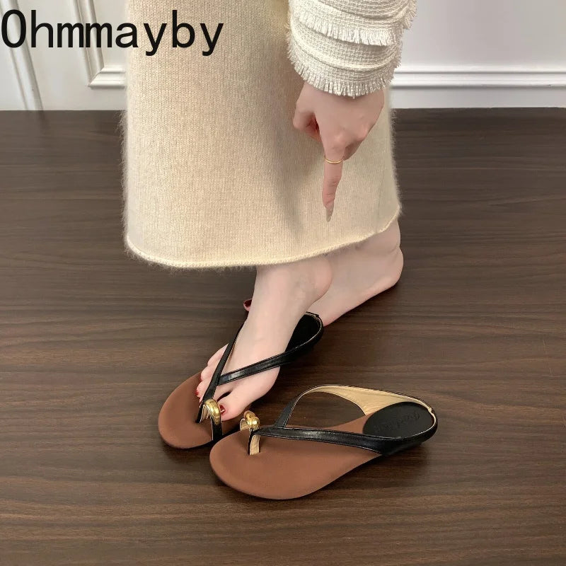 Women's T-Strap Low Heel Slides – Metal Clip Toe Summer Sandals