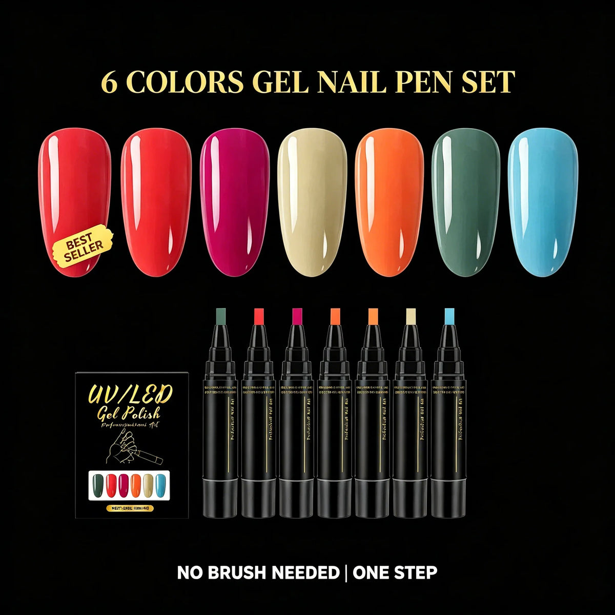 3-in-1 Gel Nail Polish Pen Set – 6 Colors, Base & Top Coat