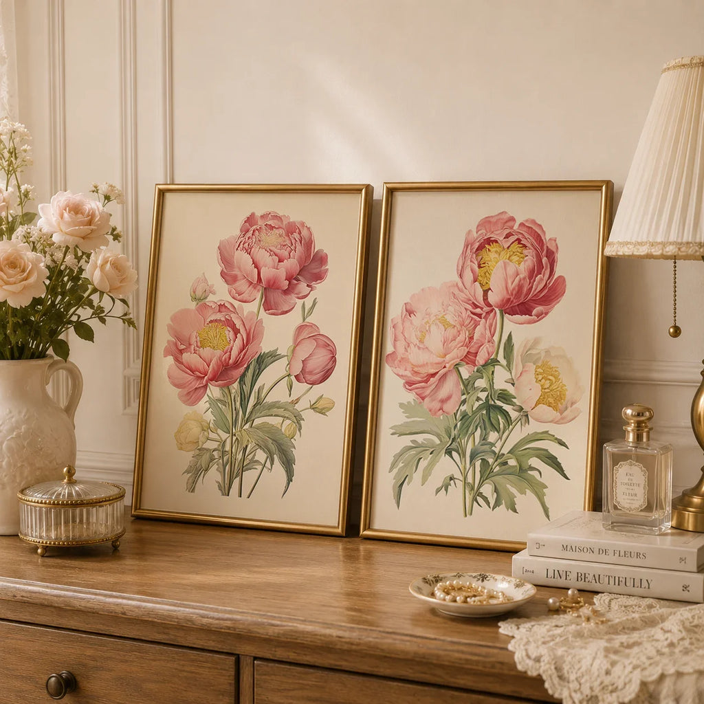 Vintage Botanical Peony Canvas Print | Pink Floral Wall Art