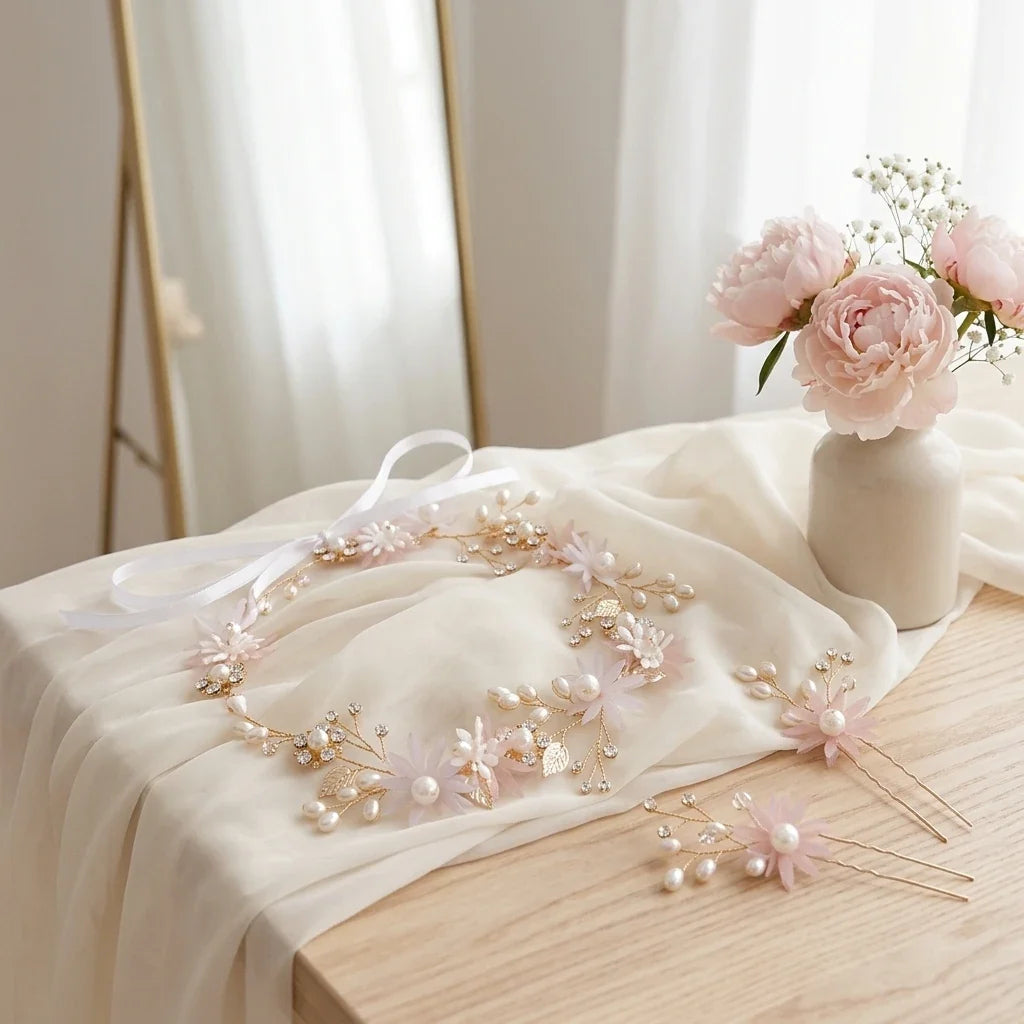 Bridal Pink Flower Headband & Hairpin Set | Wedding Hair Accessories