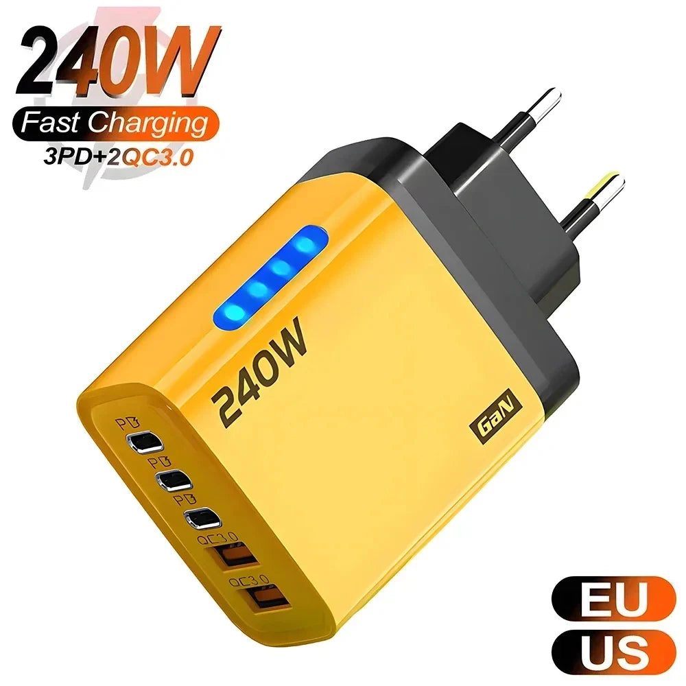 240W GaN 5-Port USB-C Fast Charger | QC3.0 PD Wall Adapter