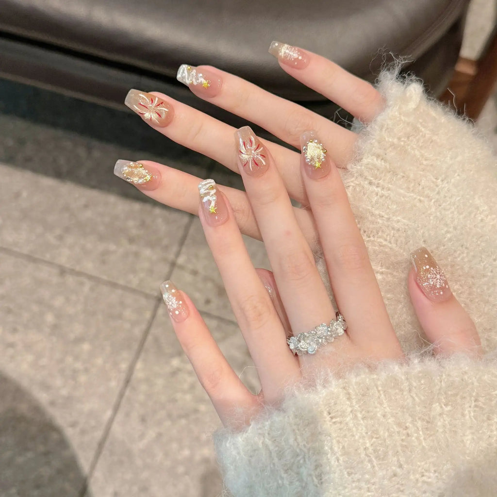 Handmade Christmas Press-On Nails | Snowflake Fireworks Design