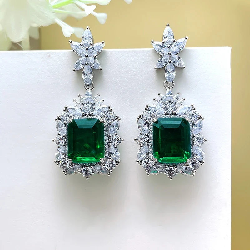 Huitan Green Cubic Zirconia Flower Dangle Earrings | Women
