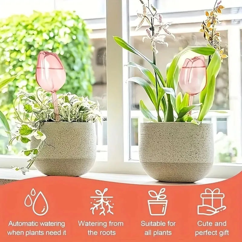 Pink Tulip Watering Globes – Automatic Self-Watering Plant Spikes