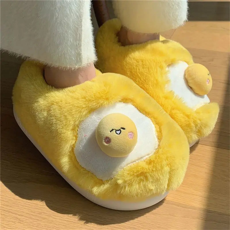 Fried Egg Plush Slippers – Novelty Fleece Indoor Slides Women