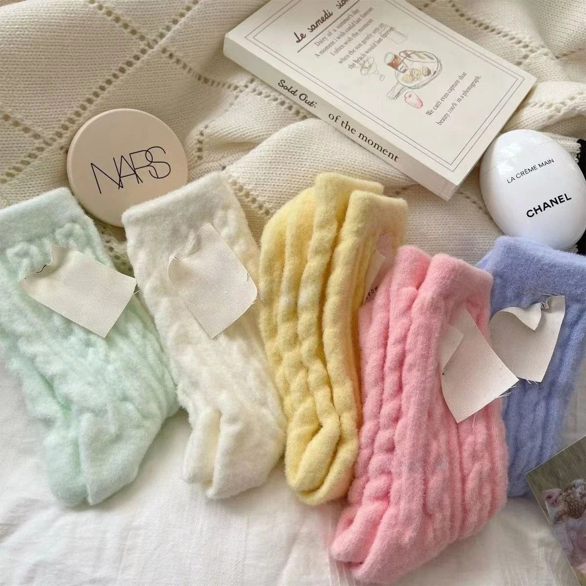 Fluffy Thick Women's Knit Socks | Soft Macaron Mid-Calf 2 Pairs