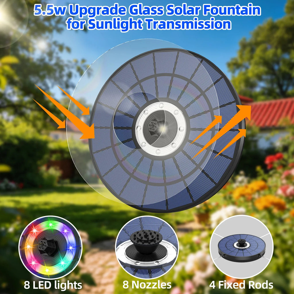 5.5W Solar Water Fountain – 8 LED Lights & 8 Nozzles, Battery