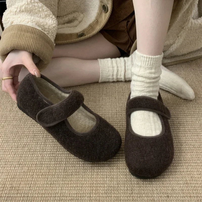 Women's Plush-Lined Cotton Flat Shoes – Warm Mary Janes