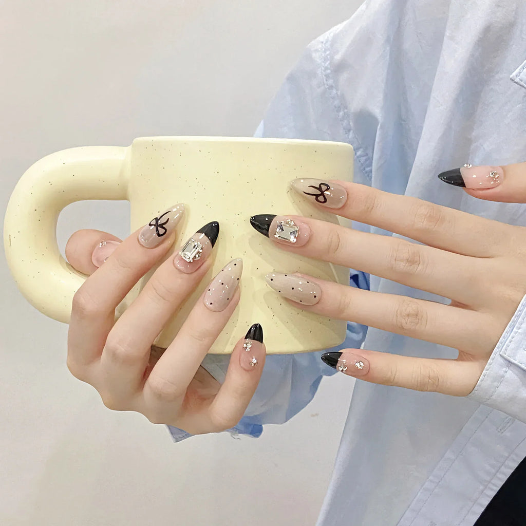Gentle Pink Fake Nails Black Tip Chip-proof Smudge-proof Daily