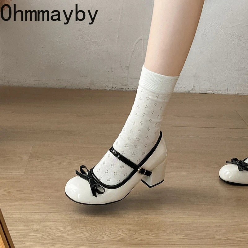 Women's Mary Jane Block Heel Pumps – Buckle Butterfly-Knot
