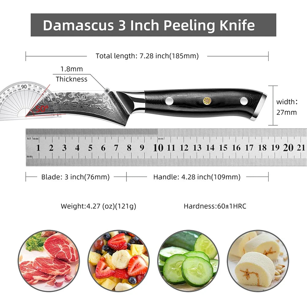 Sunnecko 3" Damascus Steel Paring Knife – VG10 HRC60+ Kitchen Knife