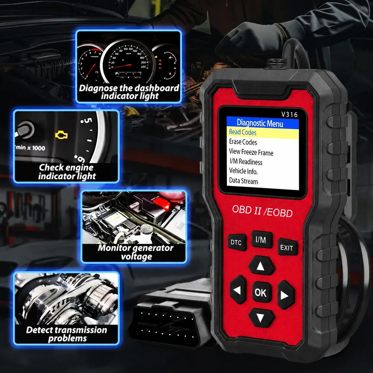 V316 OBD2 Scanner – Engine Code Reader & Battery Tester
