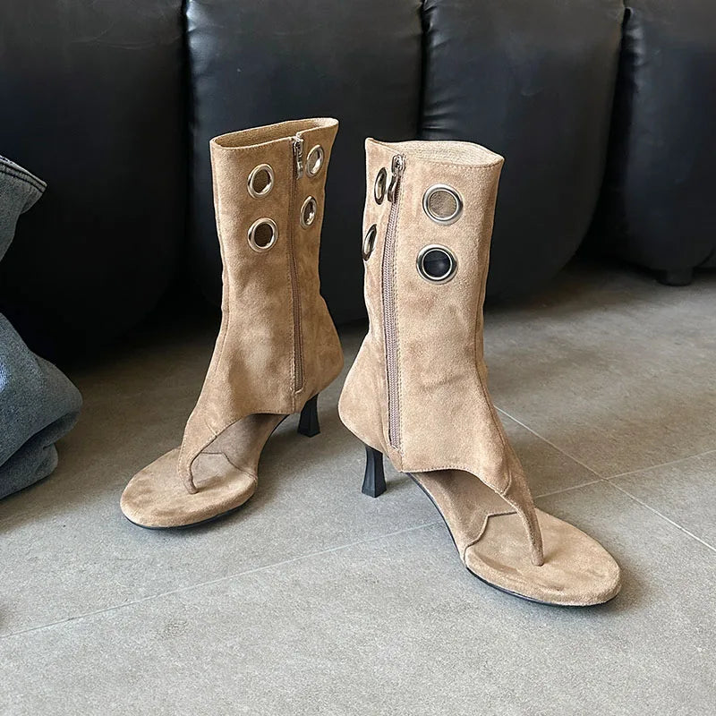 Women's Hollow High Heel Mid-Calf Boots – Open Toe Summer
