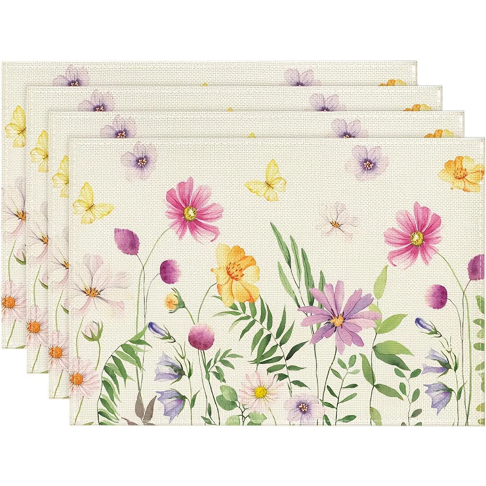 4-Pack Watercolor Wildflower Linen Placemats | Floral & Butterfly