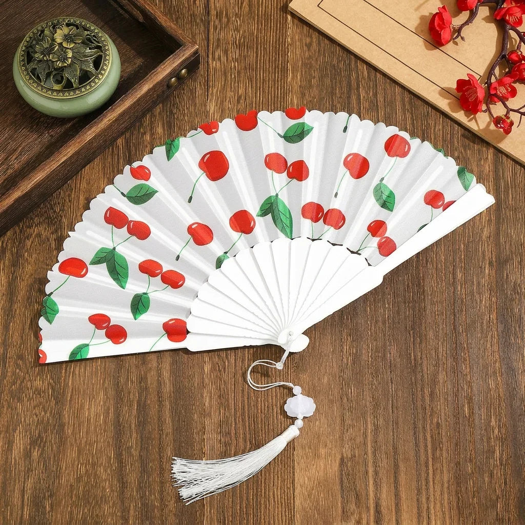 Portable Fruit Pattern Folding Hand Fan Plastic Frame Fabric Tassel