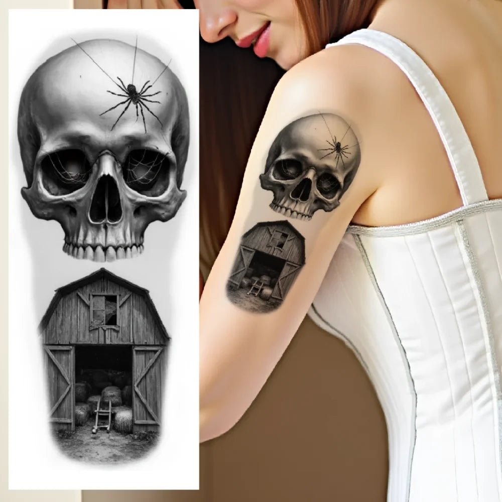 3-Pack Skull & Web Realistic Temporary Tattoos – Black & Grey