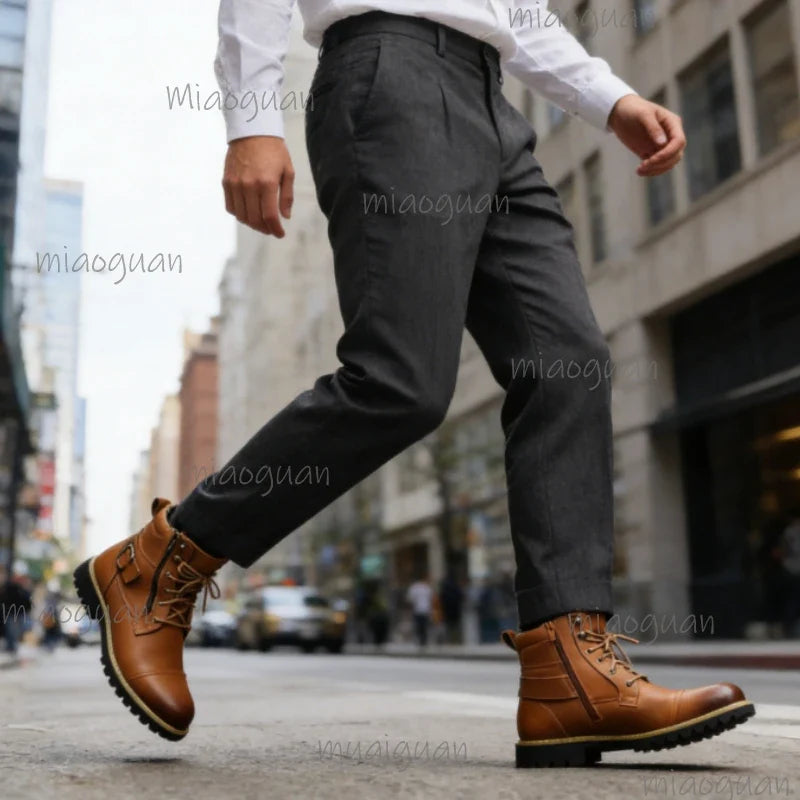 Men's Retro Leather Ankle Boots – Double Zipper Motorcycle Style