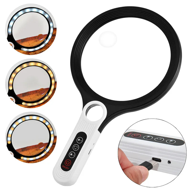 135mm LED Handheld Magnifying Glass – Tri-Color, 5–10x Zoom