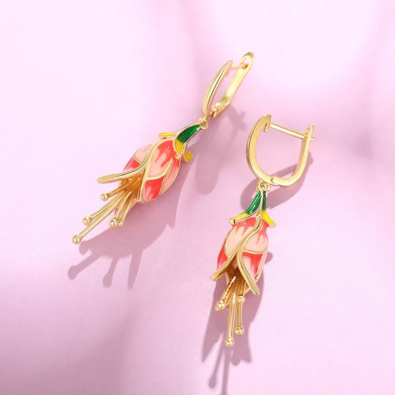 Huitan Pink Tulip Enamel Drop Earrings | Women's Fashion Jewelry