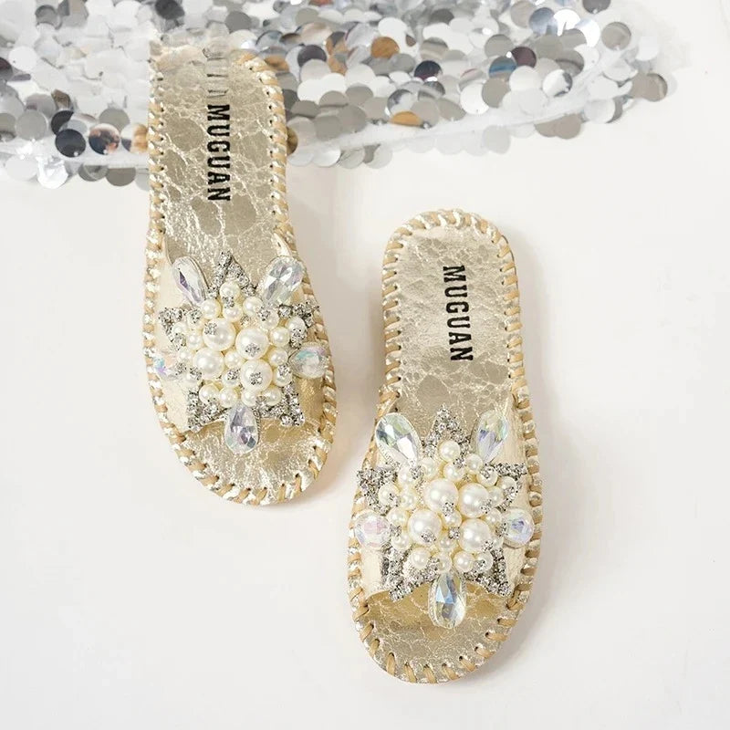 Gold Crystal Flower Slides – Women's Bling Flat Sandals