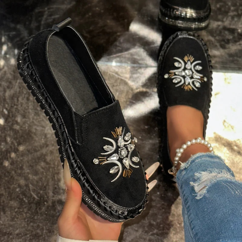 Rhinestone Bow Loafers – Women's Thick Sole Flat Slip-On Shoes