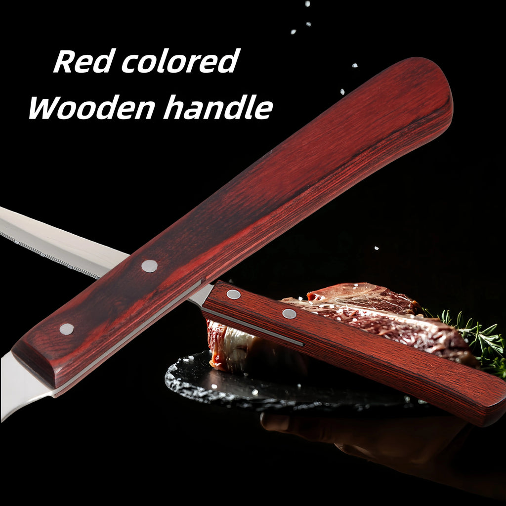 Serrated Steak Knife Set – Stainless Steel & Redwood Handle (1–12 Pc)