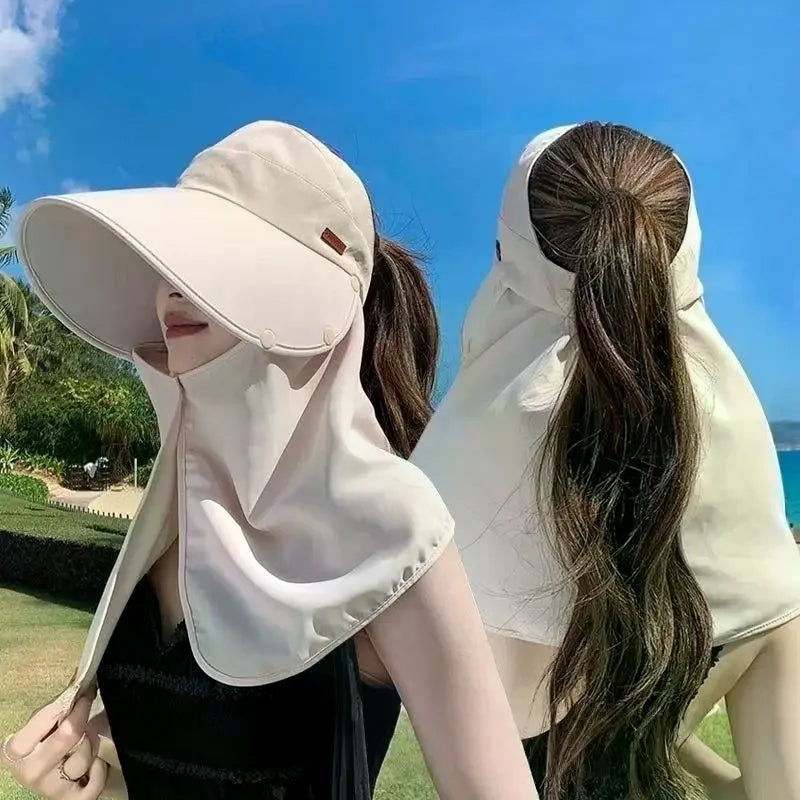 Women's UV Wide Brim Visor Shawl Cap | Beach & Outdoor Sun Hat