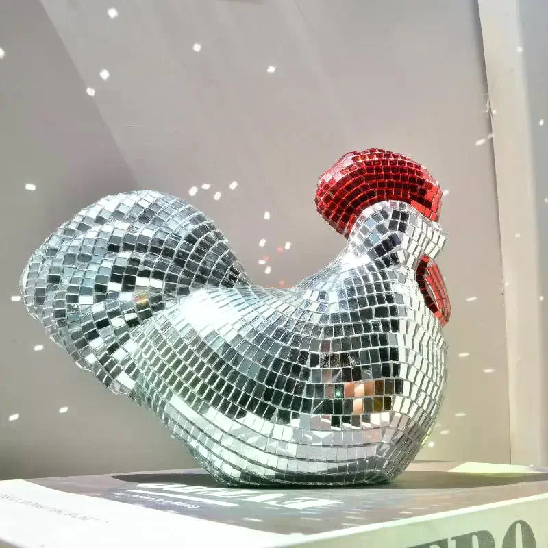 Disco Ball Mirror Rooster Sculpture | Home Decor & Party Ornament
