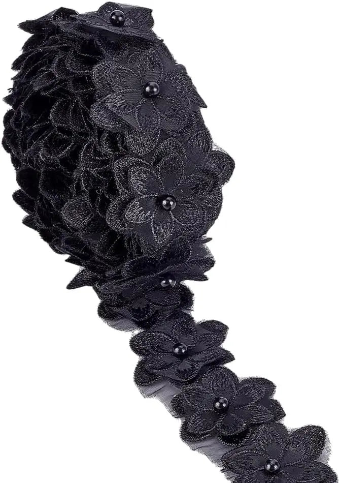 Pearl Trim Organza Lace Ribbon 4 Yds – 3D Floral Applique Black