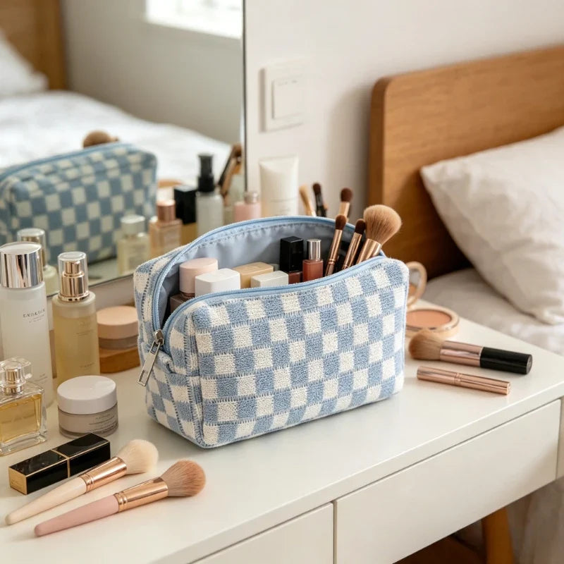 Checkered Knitted Makeup Bag – Cosmetic & Travel Pouch for Women