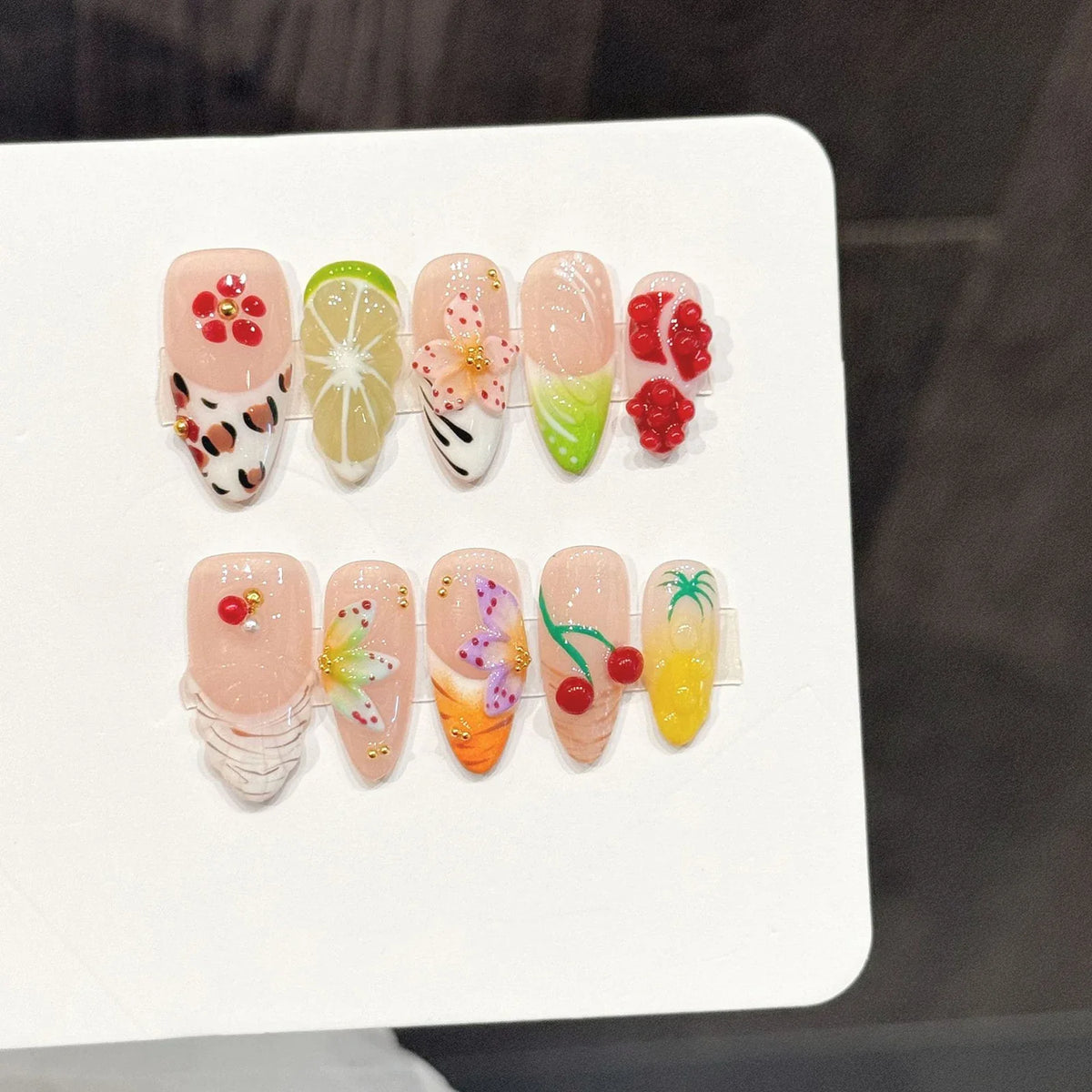 3D Orange Cherry Jelly Press On Nails | Gradient French Almond