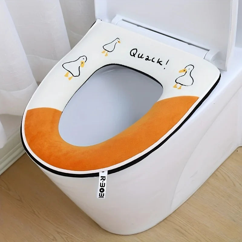 Cute Embroidery Toilet Seat Cover Zipper Soft Warmer Washable Mat Pad