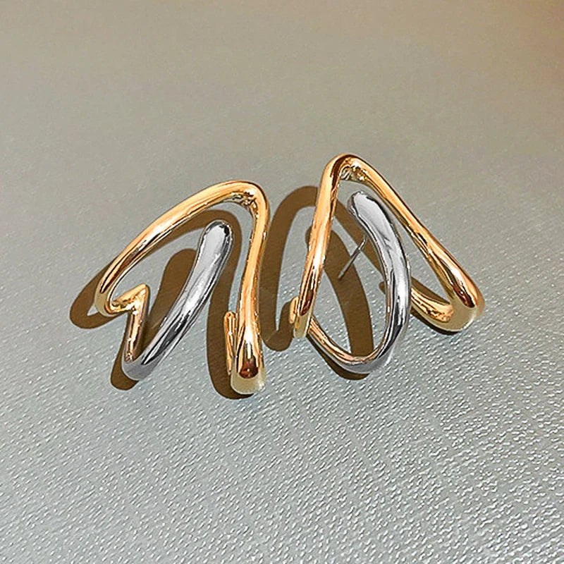 Huitan Two-Tone Metal Stud Earrings | Geometric Fashion Jewelry