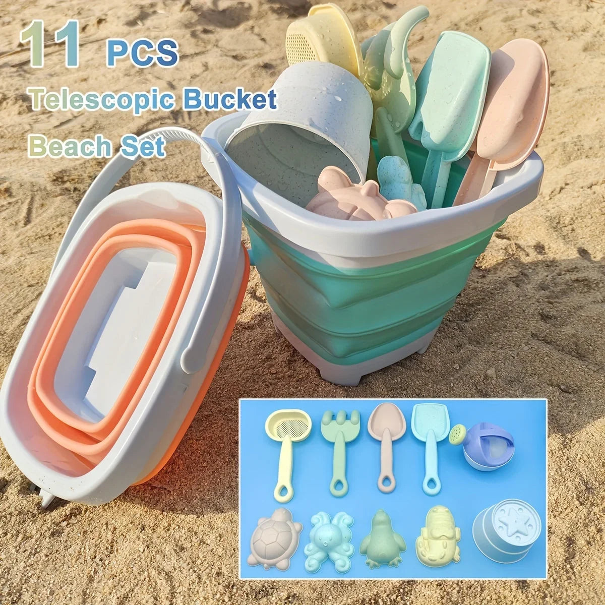 Kids Beach Sand Toys 11-Pc Set | Collapsible Bucket & Molds