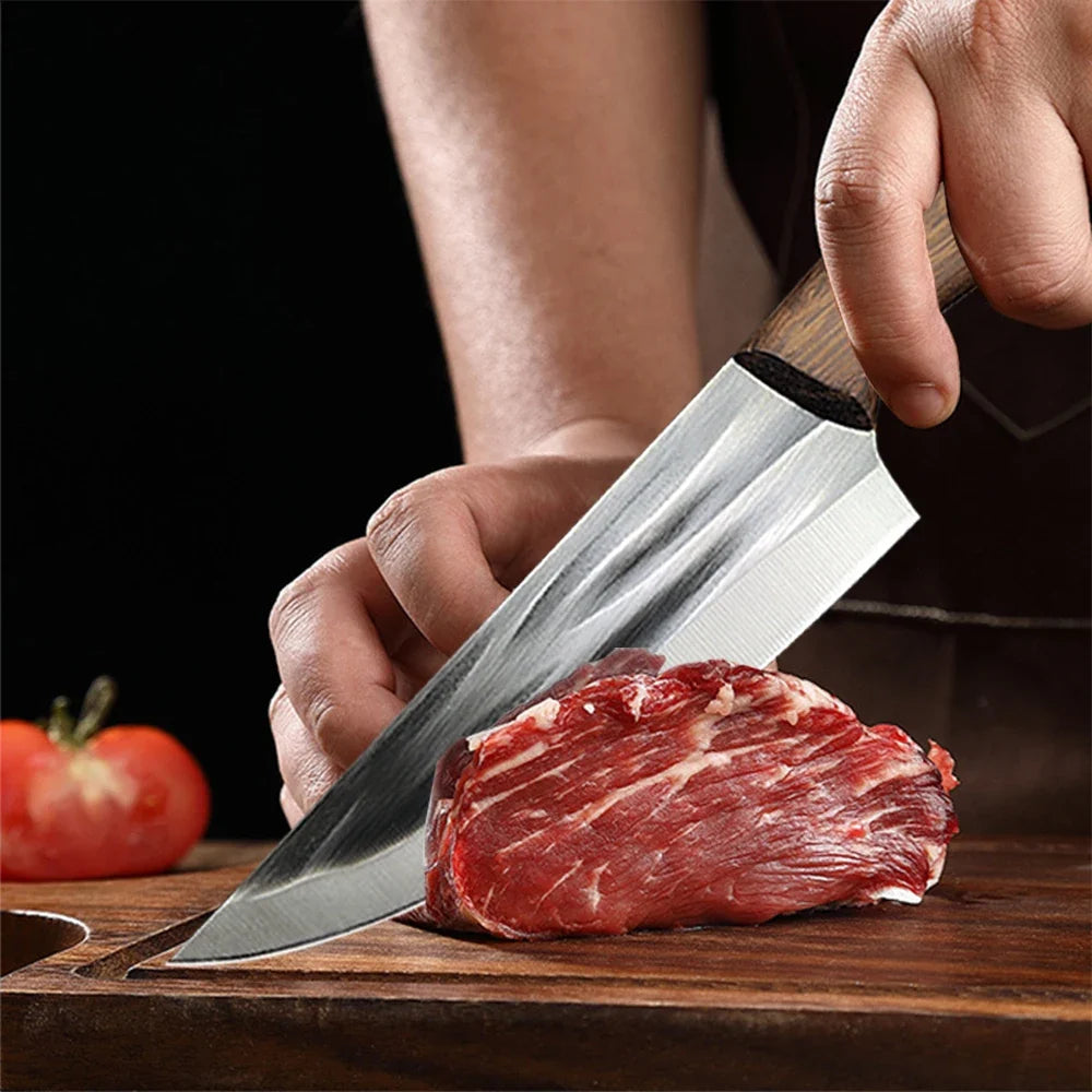 Full Tang Chef Knife with Sheath – Stainless Steel Wood Handle