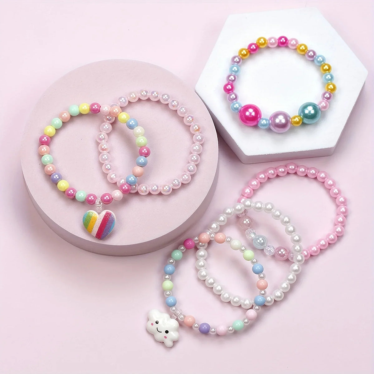 Kids Rainbow Beaded Bracelets 6-Pack | Love Cloud Charm Pendants