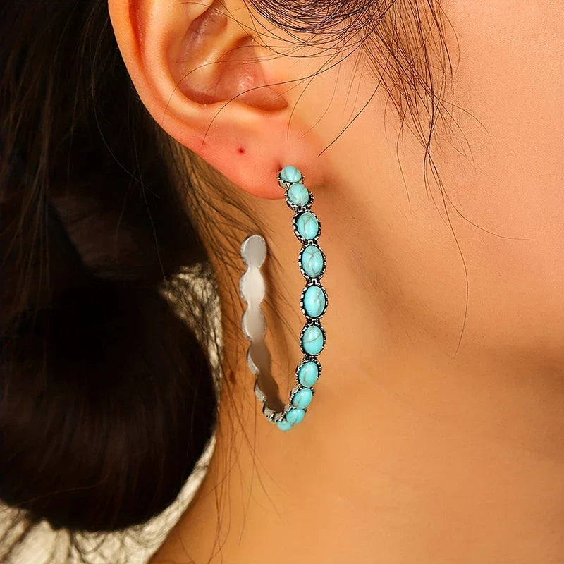 Huitan Large Hoop Earrings – Imitation Turquoise Vintage Style