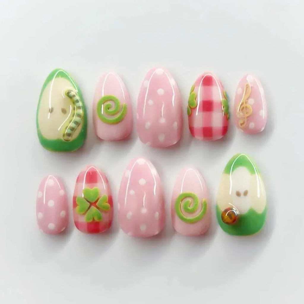 Press Nails Cute 3D Fruit Resin Fake Sweet Polka Dot Manicure Almond