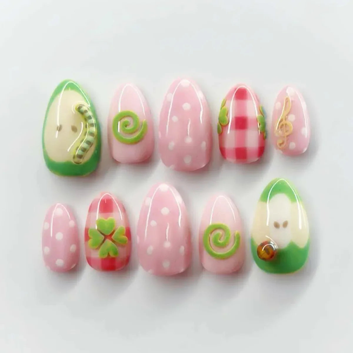 Press Nails Cute 3D Fruit Resin Fake Sweet Polka Dot Manicure Almond