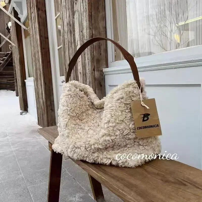JPXB Lamb Wool Furry Tote Bag – Large Plush Shoulder Bag