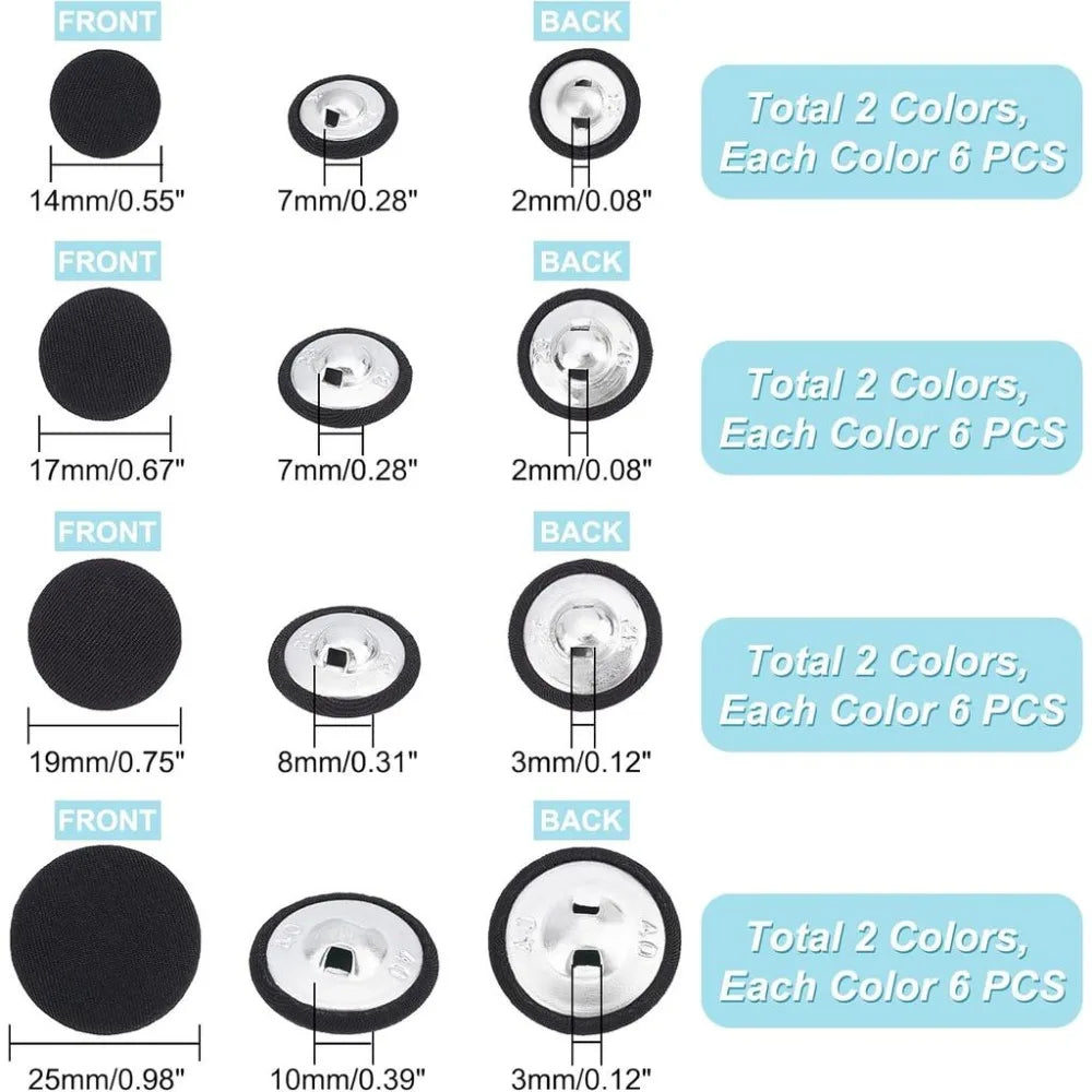 48pcs Fabric Covered Buttons 4 Sizes Black White Craft Sewing