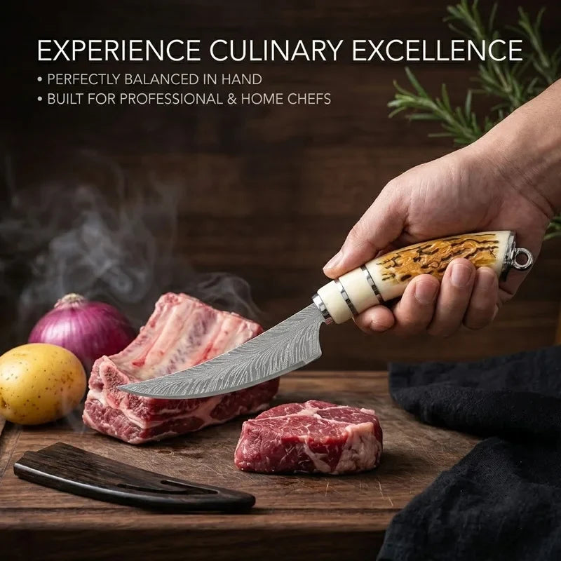 Damascus Feather Pattern Boning Knife with Sheath | Kitchen Knife