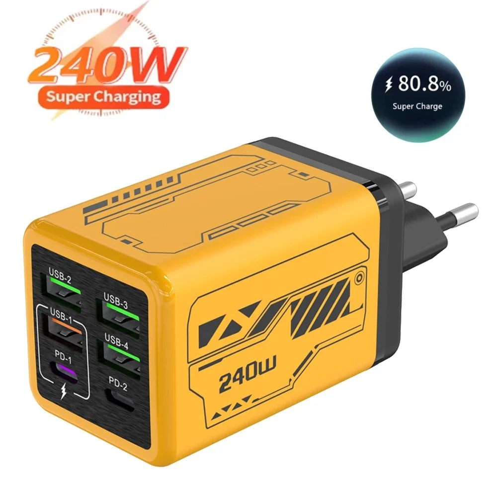 240W 6-Port USB-C Fast Wall Charger | PD & QC 3.0 EU/US/UK